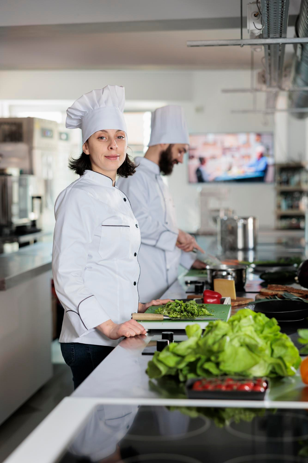 Young food service worker preparing food in a commercial kitchen
